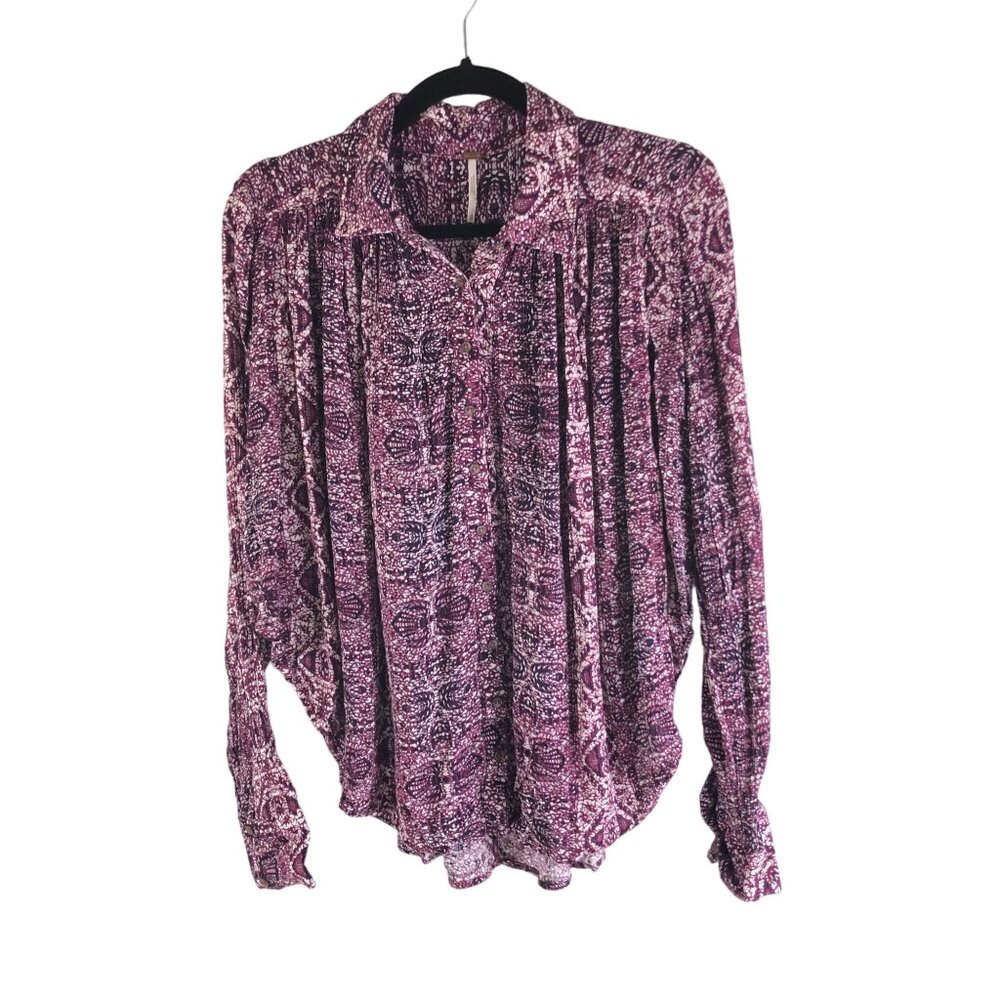 Free People Button-Up Blouse Round Hem Paisley Print Long Sleeve Boho Red XS